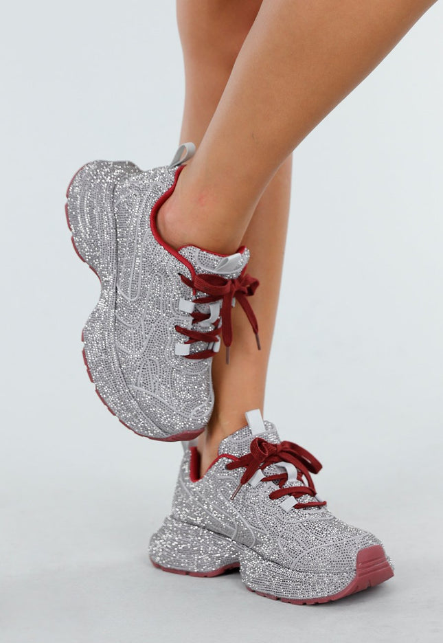 OP=OP.! Zilveren Strass Sneakers met Rood