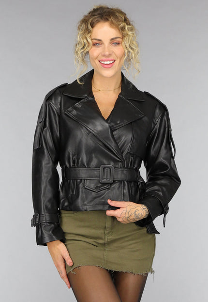 OP=OP.! Zwart Biker Jack met Riem Details