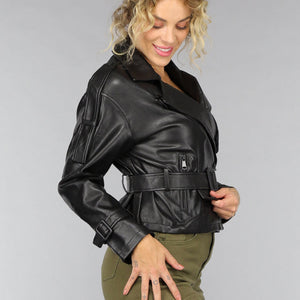 OP=OP.! Zwart Biker Jack met Riem Details