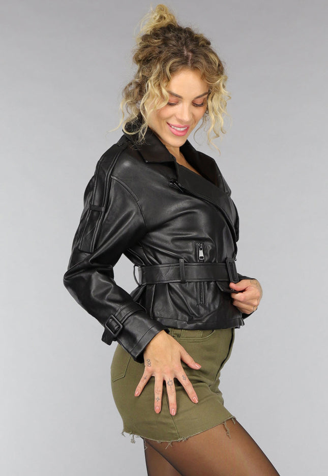 OP=OP.! Zwart Biker Jack met Riem Details