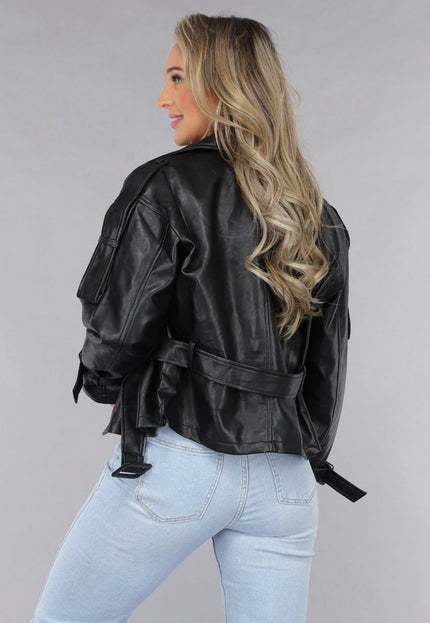 OP=OP.! Zwart Biker Jack met Riem Details