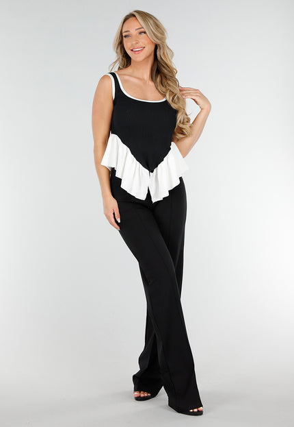 OP=OP.! Zwart-Witte Stretch Ruffle Top