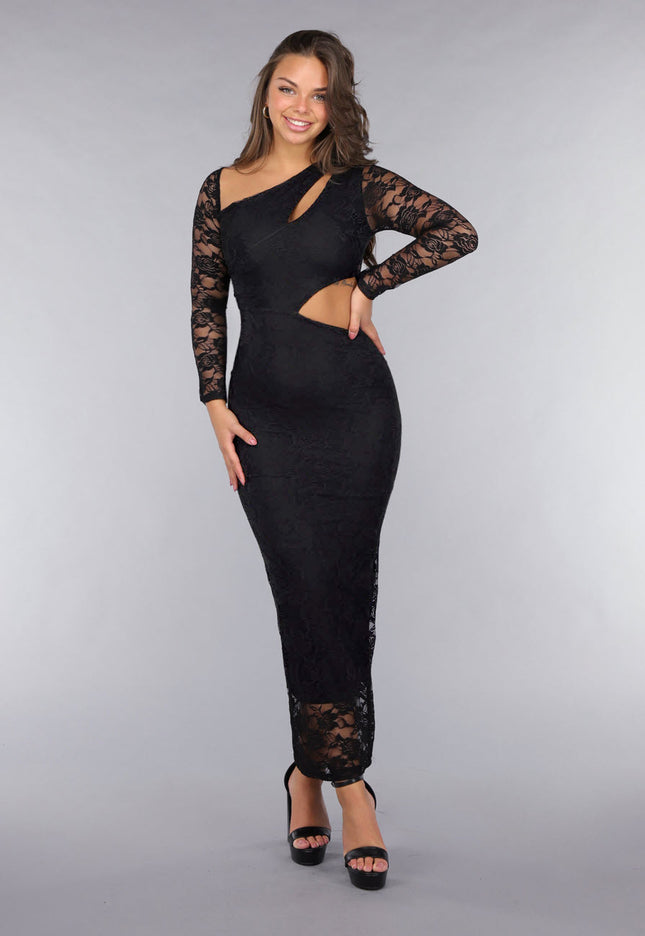 OP=OP.! Zwarte Kanten Bodycon Jurk met Cut-Out
