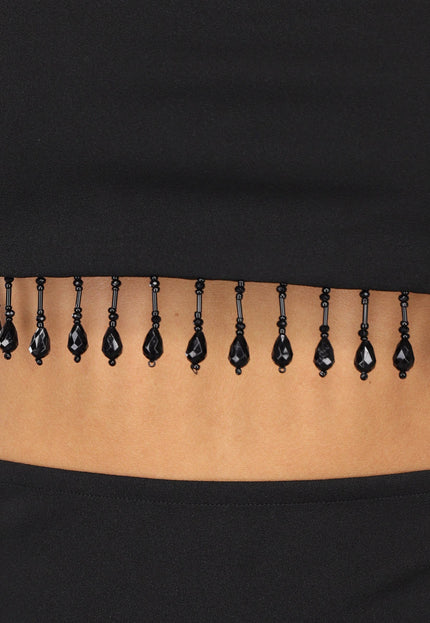 OP=OP.! Zwarte Lange Halter Jurk met Strass Fringe