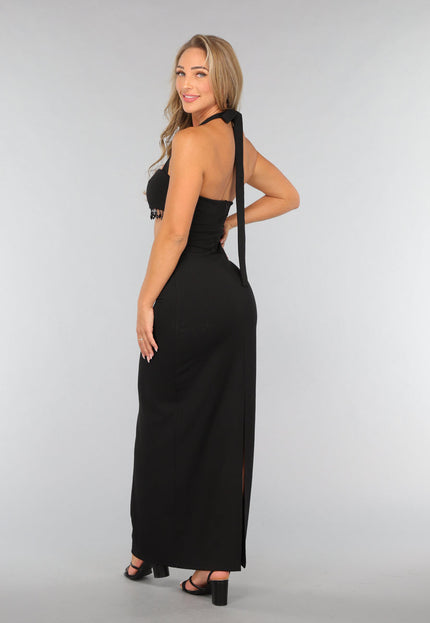 OP=OP.! Zwarte Lange Halter Jurk met Strass Fringe