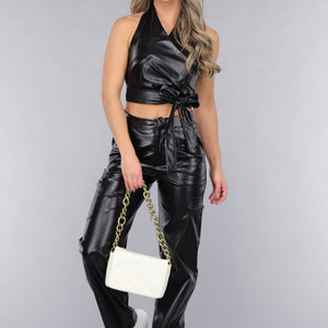 OP=OP.! Zwarte Lederlook Cargo 2-Piece met Halter Top