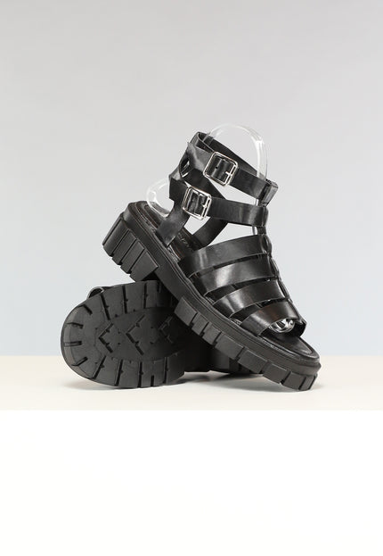 OP=OP.! Zwarte Lederlook Sandalen met Grove Zool