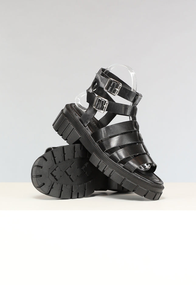 OP=OP.! Zwarte Lederlook Sandalen met Grove Zool