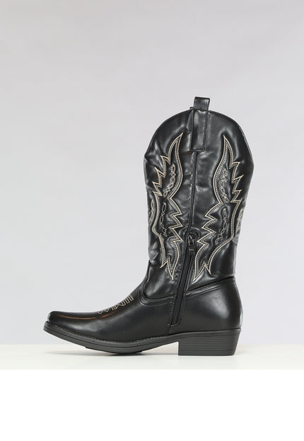 OP=OP.! Zwarte Lederlook Western Boots met Stiksels