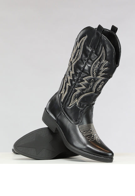 OP=OP.! Zwarte Lederlook Western Boots met Stiksels