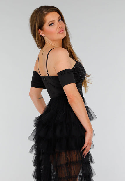 OP=OP.! Zwarte Stretch Playsuit met Zwarte Strass Steentjes