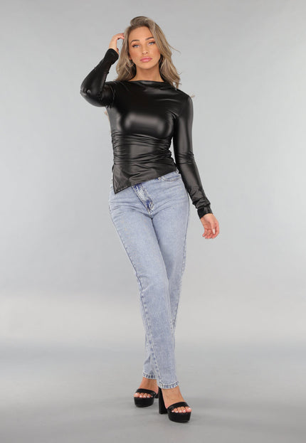 OP=OP.02.NL Zwarte Longsleeve Geplooide Lederlook Top