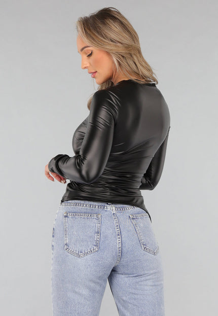 OP=OP.02.NL Zwarte Longsleeve Geplooide Lederlook Top