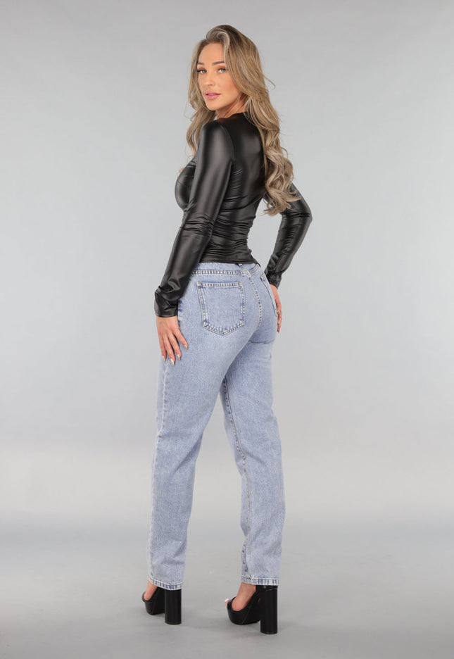 OP=OP.02.NL Zwarte Longsleeve Geplooide Lederlook Top