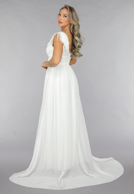 OP=OP.06.NL Lange Witte Chiffon Jurk met Veren Details