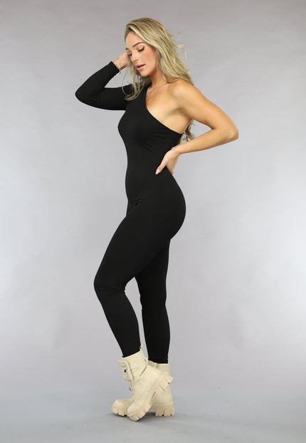 OP=OP.06.NL Zwarte One Shoulder Ribstof Jumpsuit