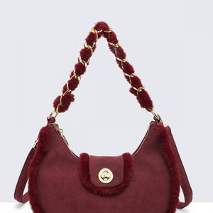 OP=OP.07.NL Bordeaux Schoudertas met Bont en Ketting