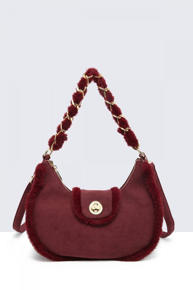OP=OP.07.NL Bordeaux Schoudertas met Bont en Ketting