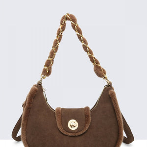 OP=OP.07.NL Bruine Schoudertas met Bont en Ketting