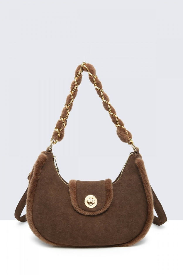 OP=OP.07.NL Bruine Schoudertas met Bont en Ketting