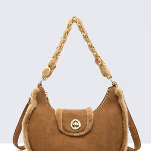 OP=OP.07.NL Suède Schoudertas in Camel met Bontdetails