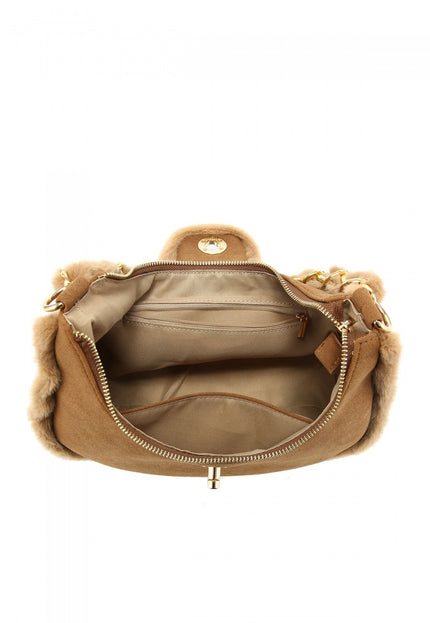 OP=OP.07.NL Suède Schoudertas in Camel met Bontdetails
