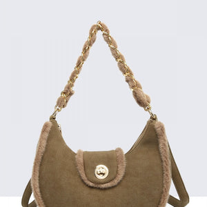 OP=OP.07.NL Suède Schoudertas in Khaki met Bontdetails
