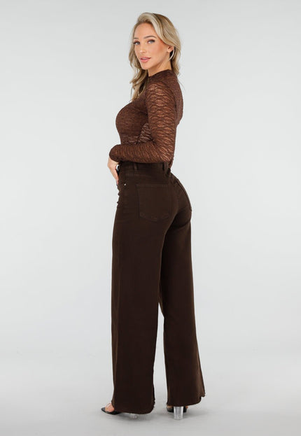 OP=OP.08.NL Denim Stretch Broek in Bruin met Wijde Pijpen