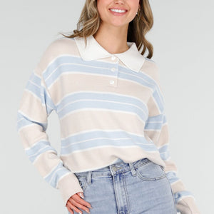 OP=OP.09.NL Beige met Blauw Gestreepte Trui