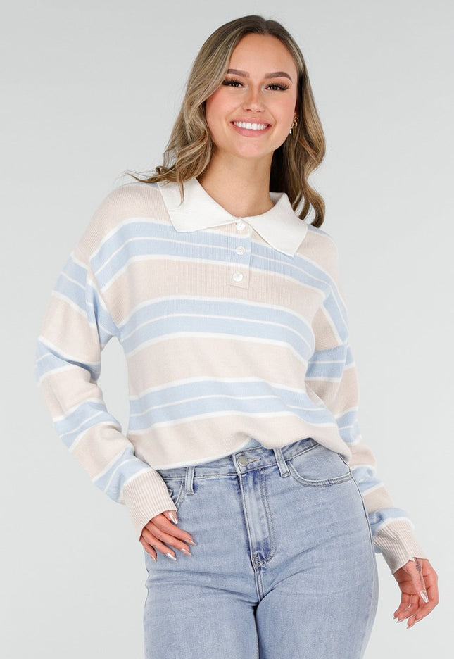 OP=OP.09.NL Beige met Blauw Gestreepte Trui