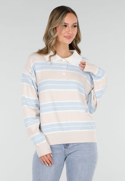 OP=OP.09.NL Beige met Blauw Gestreepte Trui