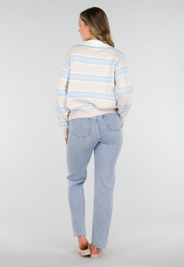OP=OP.09.NL Beige met Blauw Gestreepte Trui