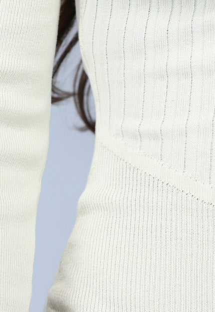 OP=OP! Crème Rib Bodycon Midi Jurk met Lange Mouwen