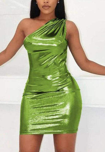 OP=OP.11.NL Metallic Groene One Shoulder Jurk