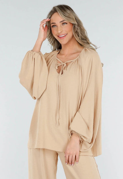 OP=OP.11.S Beige Linnenlook Blouse met V-hals