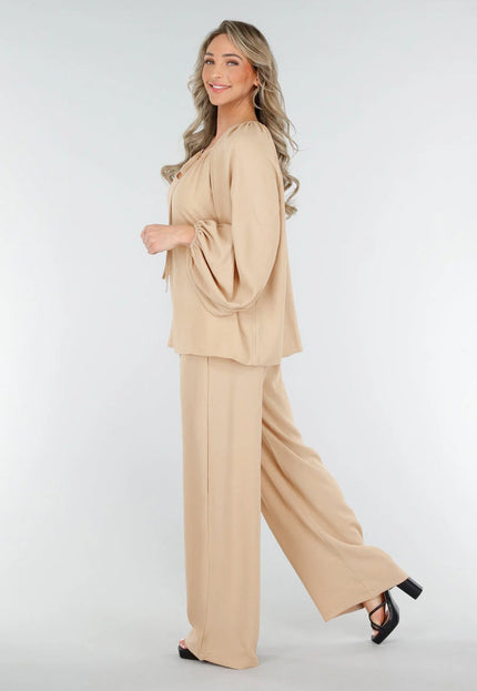 OP=OP.11.S Beige Linnenlook Blouse met V-hals
