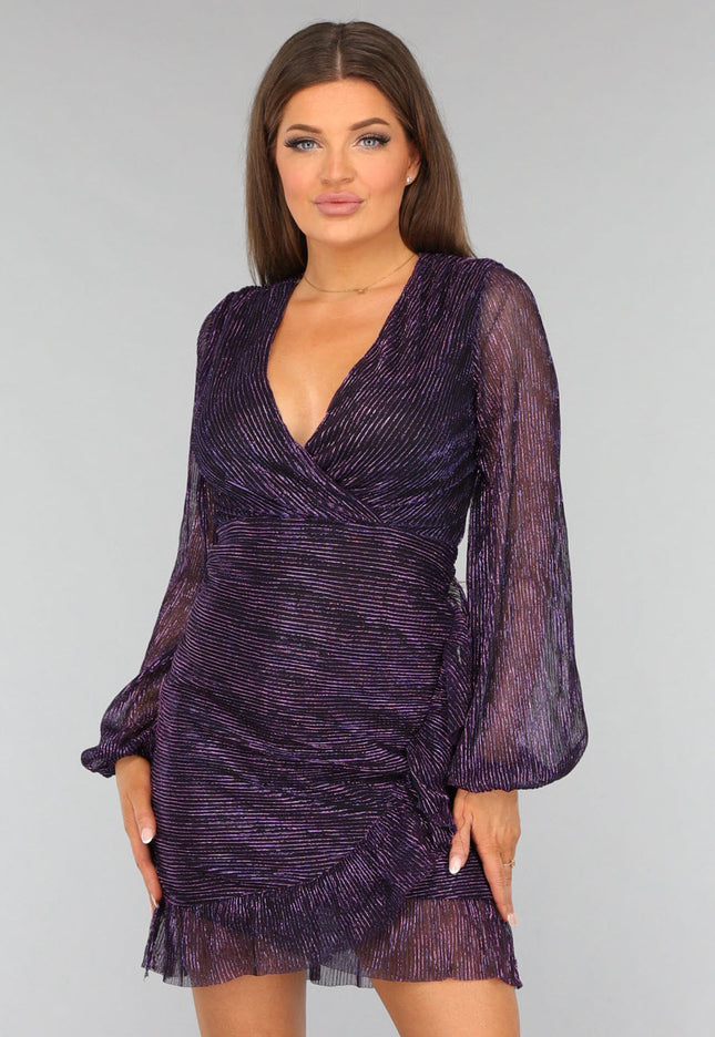 OP=OP.11.S Paarse Glitter Ruches Jurk met Pofmouwen