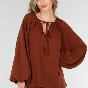OP=OP.11.S Rood Bruine Linnenlook Blouse