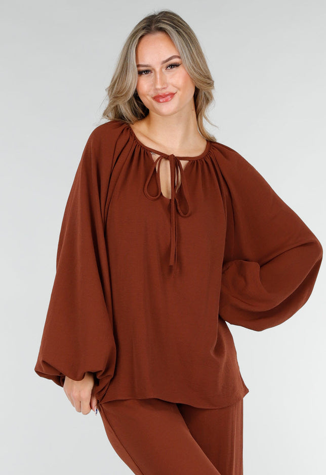 OP=OP.11.S Rood Bruine Linnenlook Blouse