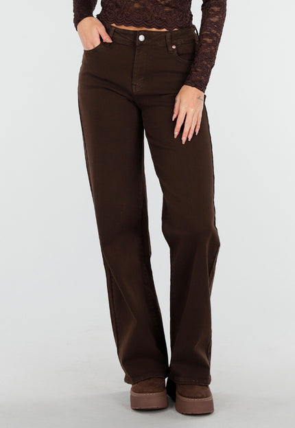 OP=OP.13.NL Bruine Rechte Denim Broek met Hoge Taille