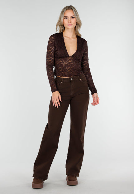 OP=OP.13.NL Bruine Rechte Denim Broek met Hoge Taille