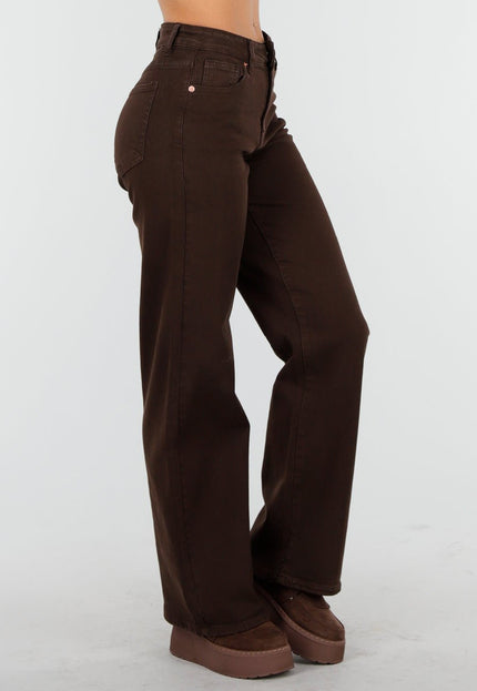OP=OP.13.NL Bruine Rechte Denim Broek met Hoge Taille
