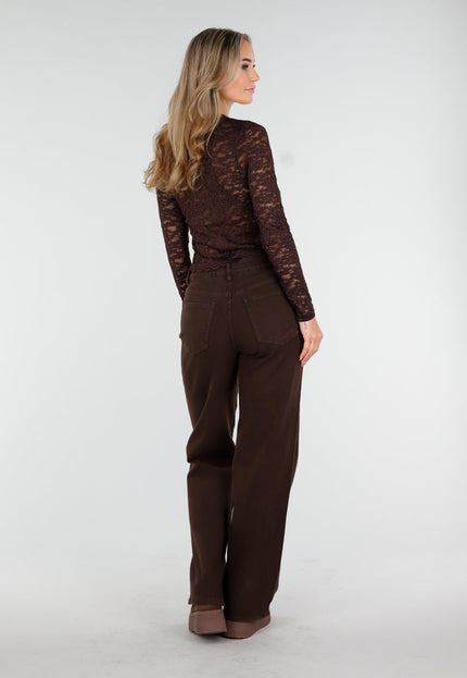OP=OP.13.NL Bruine Rechte Denim Broek met Hoge Taille