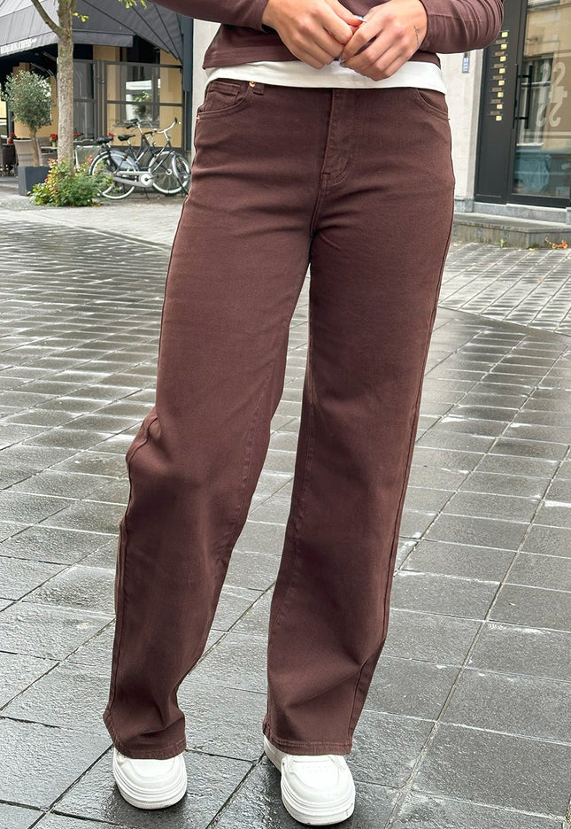 OP=OP.13.NL Bruine Rechte Denim Broek met Hoge Taille