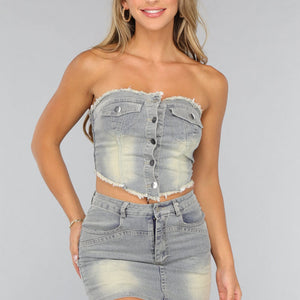 OP=OP! Washed Denim Two Piece met Knopen