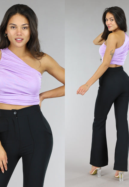 OP=OP.AV.09 Paarse Geplooide Top met Één Schouderband