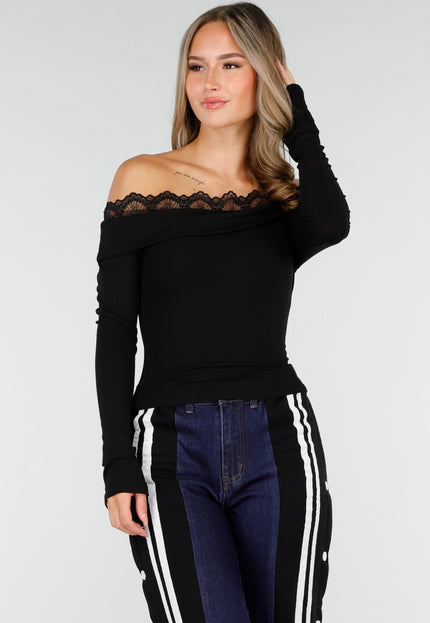 OP=OP.14.NL Zwarte Off-Shoulder Top met Kant