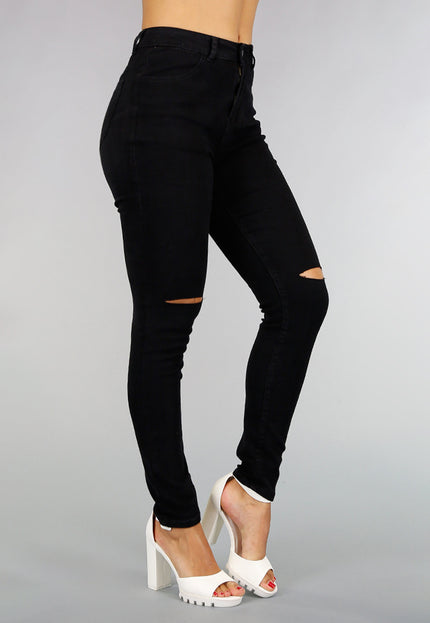 OP=OP.15.NL Basic Zwarte High Waist Ripped Knees Jeans