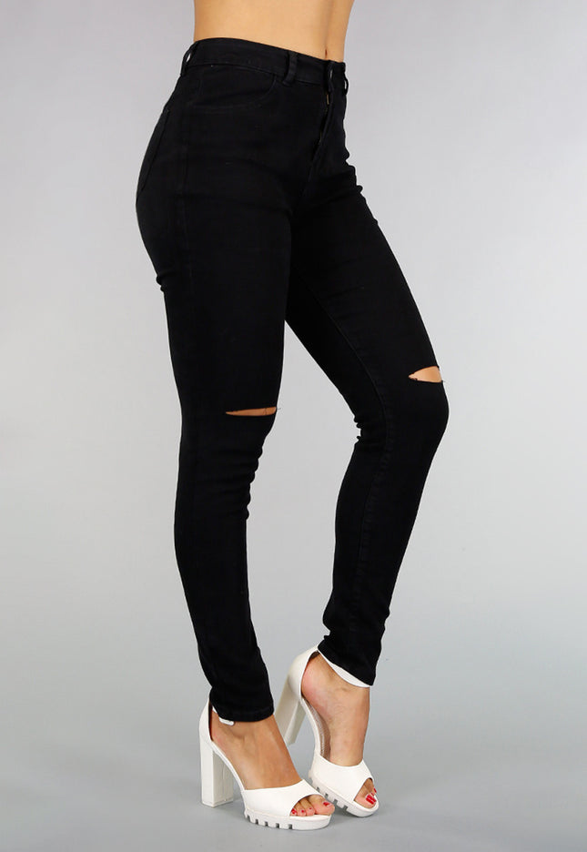 OP=OP.15.NL Basic Zwarte High Waist Ripped Knees Jeans
