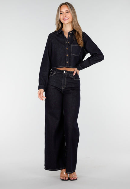 OP=OP.15.NL Hoge Taille Wide Leg Stretch Jeans in Donkerblauw